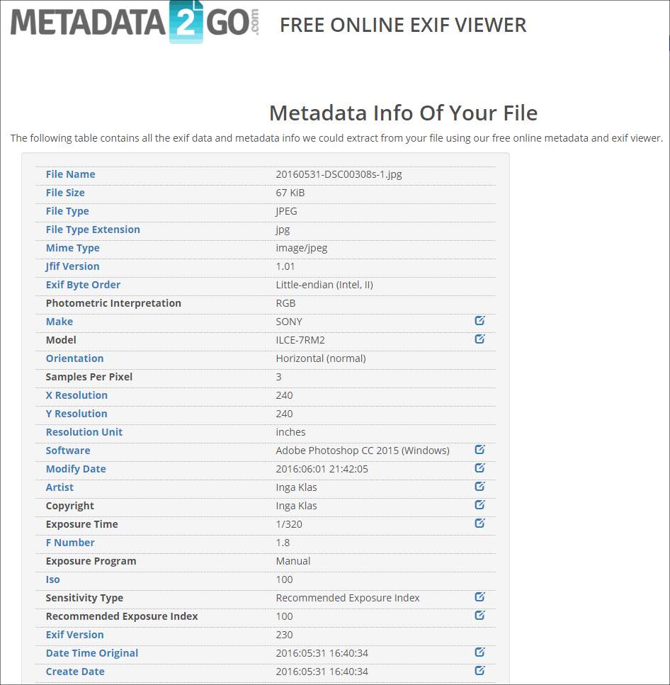 Screenshot metadata2go.com